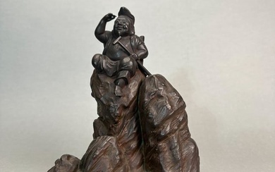 Japanese Dated Bronze Figurine on Rock, Showa 7th Year (dated 1932)