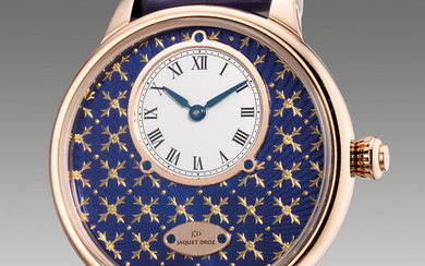 Jaquet Droz, A rare and attractive limited edition pink gold wristwatch with blue Grand Feu paillonné enameled dial, warranty and presentation box, numbered 4 of a limited edition of 8 pieces