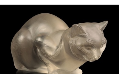 LALIQUE: A FROSTED GLASS MODEL OF A CROUCHING CAT 'CHAT COUC...