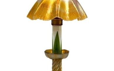 LCT Tiffany Iridescent Art Glass Favrile Candlestick Lamp Base and Shade