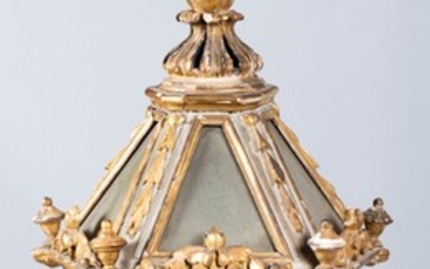 LOUIS XVI STYLE PARCEL-GILT GREY PAINTED LANTERN, LATE 19TH/EARLY 20TH CENTURY