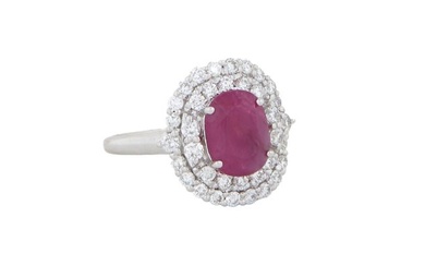 Lady's Platinum Burmese Ruby Dinner Ring, with a 2.45 carat Burmese ruby, atop a conforming double