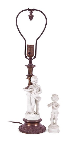 Lamp with child and child in gilt bronze and biscuit, first third of the 20th Century.