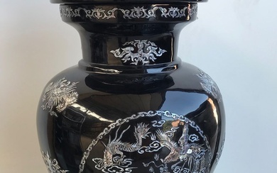 Large Asian lacquer vase with mother-of-pearl inlay