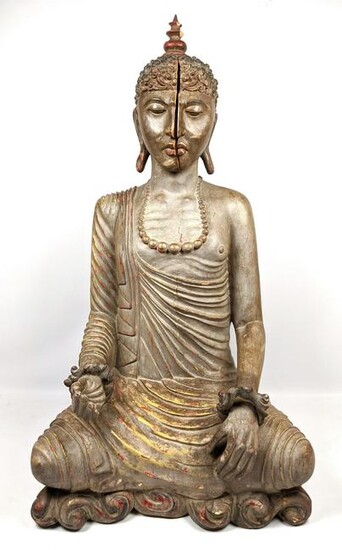 Large Carved Wood Buddhist Deity Sculpture. Seated fig
