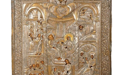 Large Ornate Gilt Metal Icon, Scene with Theotokos.