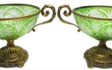 Large Pair Gilt Metal Mounted Green Cut Glass Centerpiece Bowls