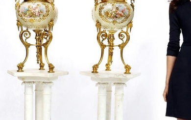 Large Pair of French Champleve Enamel/Bronze Vases