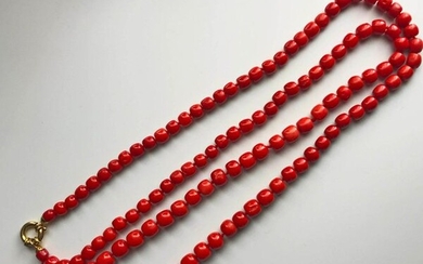 Long necklace of falling coral olivettes, gold clasp 750°/°°°, Gross weight: 60,89g