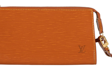 Louis Vuitton, pochette Accessoires en cuir épi brun, dragonne en cuir, 12x21 cm