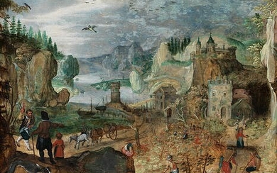 Lucas van Valckenborch, um 1535 – 1597, Kreis/ Nachfolge des, LANDSCHAFT MIT BAUERN BEI DER WEINLESE