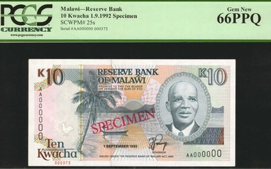 MALAWI. Reserve Bank of Malawi. 10 Kwacha, 1992. P-25s. Specimen. PCGS Currency Gem New 66 PPQ.