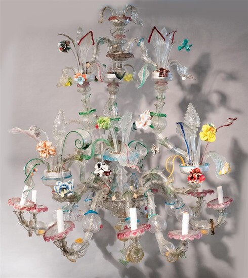 MONUMENTAL VENETIAN MURANO COLORED AND CLEAR GLASS NINE-LIGHT CHANDELIER