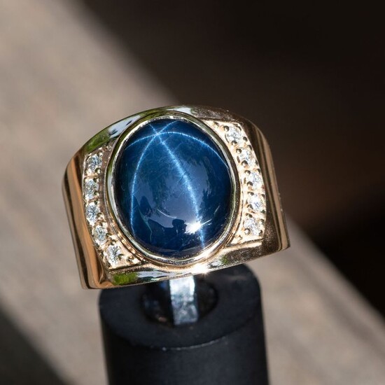 Men's Blue Star Sapphire Diamond Ring - 14 kt. Yellow gold - Ring - 17.30 ct Sapphire - 0.53ct Diamond D VVS