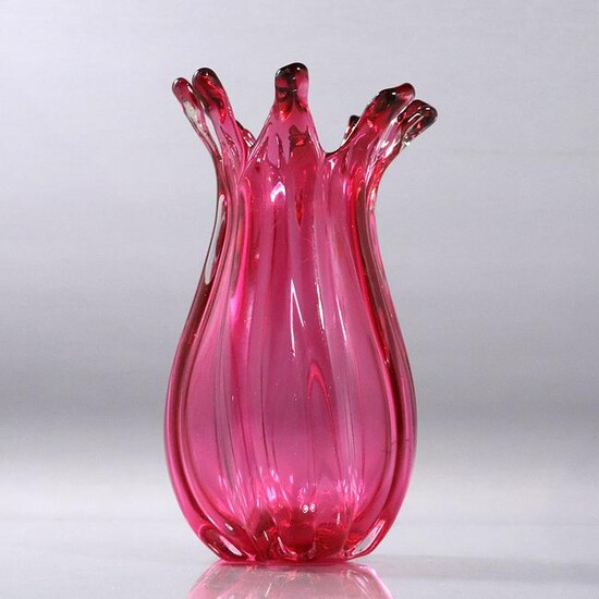Mid-Century Modern Cranberry Glass Flower Form Vase
