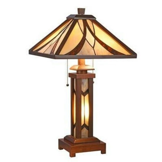 Mission-style Stained Glass Wooden Table Lamp