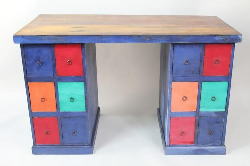 Modern Blue Painted 12 Drawer Desk, like Rubik's Cube