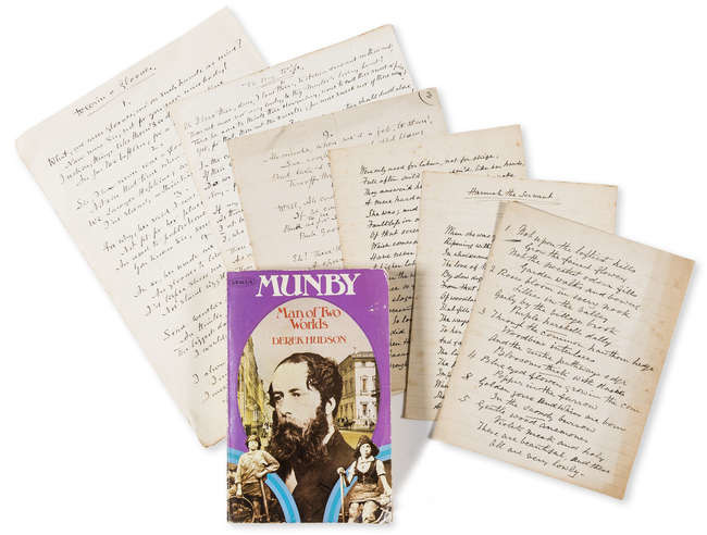 Munby (Arthur Joseph) 22 Autograph manuscript poems addressed to his wife Hannah Cullwick, 1882-1900; 4 Autograph postcards signed to Hannah Cullwick, 4 sides, in French, 1890-96, about her welfare etc.; and newspaper cuttings of articles, 1910 and...