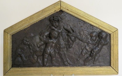 Naar François Duquesnoy - Relief, Leather embossing, scene of 8 putti with goat - Leather, Wood - 18th century