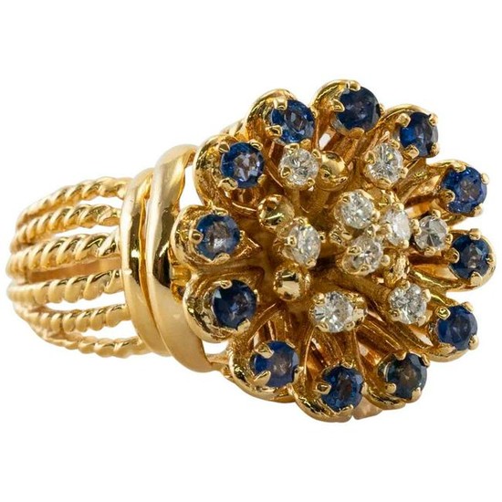 Natural Blue Sapphire Diamond Ring 18K Yellow Gold