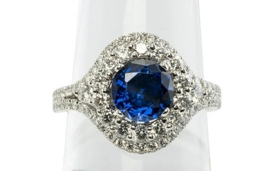 Natural Ceylon Sapphire Diamond Ring 18K White Gold