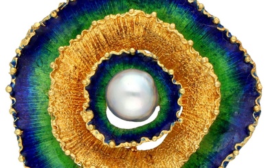 No Reserve - Handmade 18K yellow gold enameled 1970s brooch with pearl