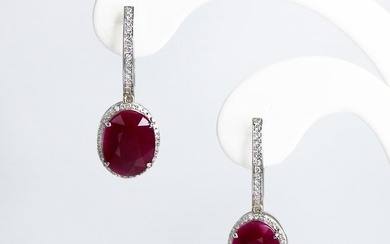 No Reserve Price - 14 kt. White gold - Earrings - 11.09 ct Ruby - Diamonds, IGI Certified