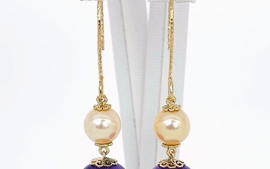 No Reserve Price - Earrings - 14 kt. Yellow gold Pearl - Amethyst
