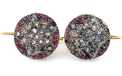 No Reserve Price - Earrings - 9 kt. Silver, Yellow gold Diamond - Ruby