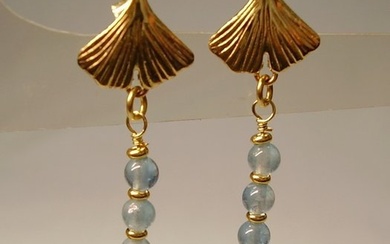 No Reserve Price - Goldschmiede-Arbeit in Form eines Ginko-Blattes Earrings - Yellow gold Round Aquamarine - Pearl
