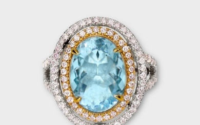 No Reserve Price - IGI 6.33 tw - Cocktail ring - 14 kt. White gold, Yellow gold Aquamarine - Diamond