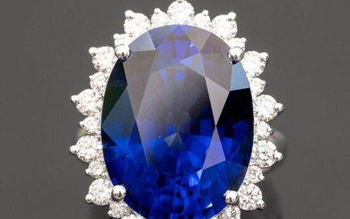 No Reserve Price - Oval Sapphire Ring with Diamonds - 14 kt. White gold - Ring - 13.00 ct Sapphire - Diamonds, 0.68ct Natural Diamonds - D / VS
