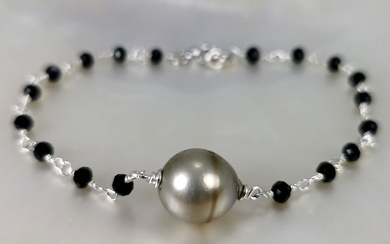 No Reserve Price - Tahiti pearl BQ Ø 11,5 mm black spinels - Bracelet Silver Pearl - Spinel