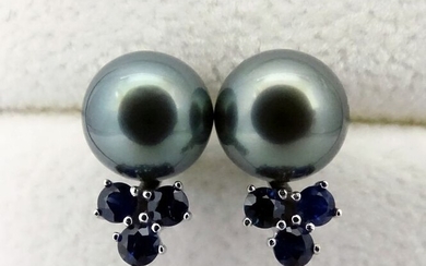 No Reserve Price - Tahitian pearls, True Teal Blue 9.75, 9.9 mm - Earrings, 14 kt. White Gold - Sapphires