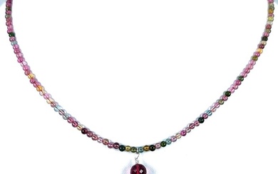 No Reserve Price - drop aubergine colour Ø 10x12.6 mm - 18 kt. Tahitian pearl, White gold - Necklace with pendant - Tourmalines, Rubellite