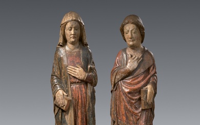 Northern Germany or Netherlandish late 13th century - Carved oak figures of the Virgin and St John from a crucifixion, Northern Germany or Netherlands, late 13th century