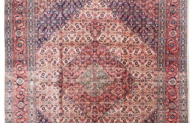 ORIENTAL RUG: BIDJAR DESIGN 9'4" x 11'5" Overlapping green and red geometric medallions with red anchor pendants rest at the center..