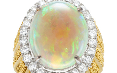 Opal, Diamond, Gold Ring Stones: Opal cabochon; full-cut diamonds...