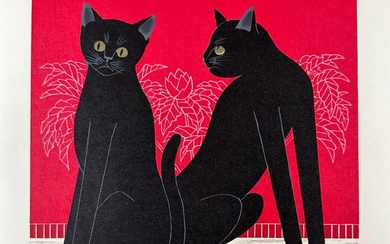 Original woodblock print - Japanese paper Large - Nishida Tadashige 西田忠重 (b 1942) - 'Black Cats invite' - Red limited and signed edition 170/250 NO RESERVE PRICE!! - Japan - 2009