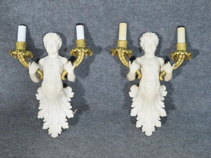 PAIR MARBLE & BRONZE FIGURAL WALL SCONCES ATTR CALDWELL