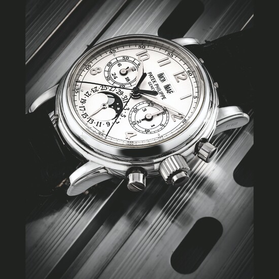 PATEK PHILIPPE. A PLATINUM PERPETUAL CALENDAR SPLIT SECONDS CHRONOGRAPH WRISTWATCH WITH MOON PHASES, 24 HOUR AND LEAP YEAR INDICATION