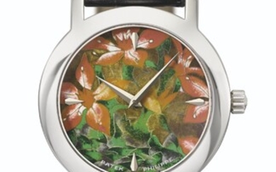PATEK PHILIPPE. A VERY RARE 18K WHITE GOLD AUTOMATIC WRISTWATCH WITH PINK FLOWERS CLOISONNE ENAMEL DIAL, CERTIFICATE OF ORIGIN AND BOX