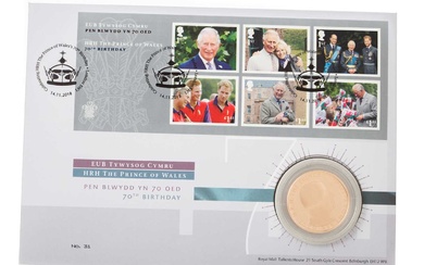 PRINCE OF WALES 70TH BIRTHDAY GOLD FIVE POUND COIN COVER 2018