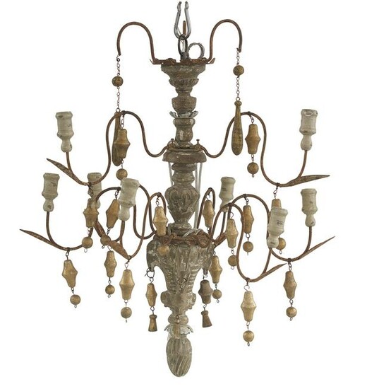 Painted and Parcel-Gilt Wood and Metal Chandelier