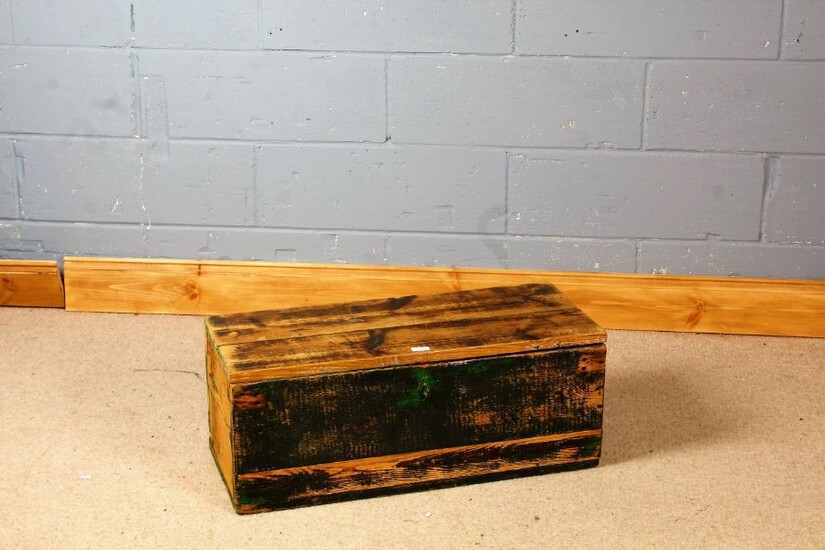 Painted blanket box, with faded green paint, 77cm wide 32cm deep 30cm high