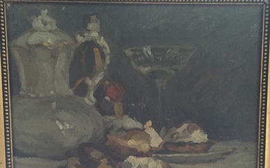 Painter unknown, 20th century: Still life with jugs and cakes on a dish. Signed E ??? Holm. Oil on canvas. 30×38 cm.