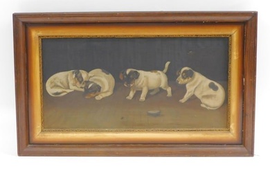 Painting of puppies. 19th century. Oil on canvas.