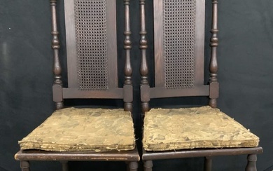 Pair Antique Carved Wood Caned Back Chairs