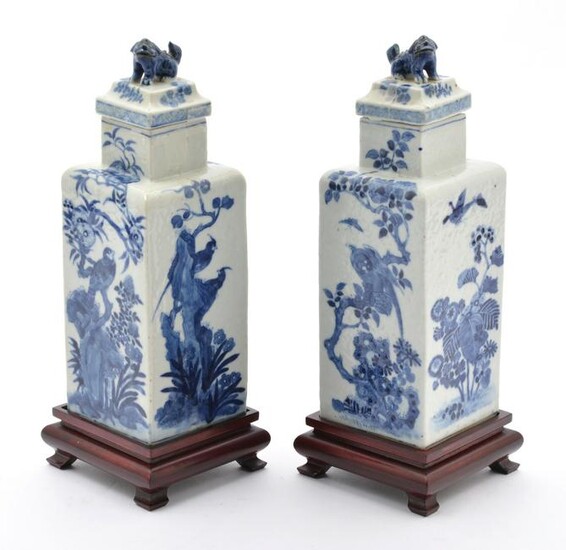 Pair Chinese Blue & White Porcelain Covered Jars