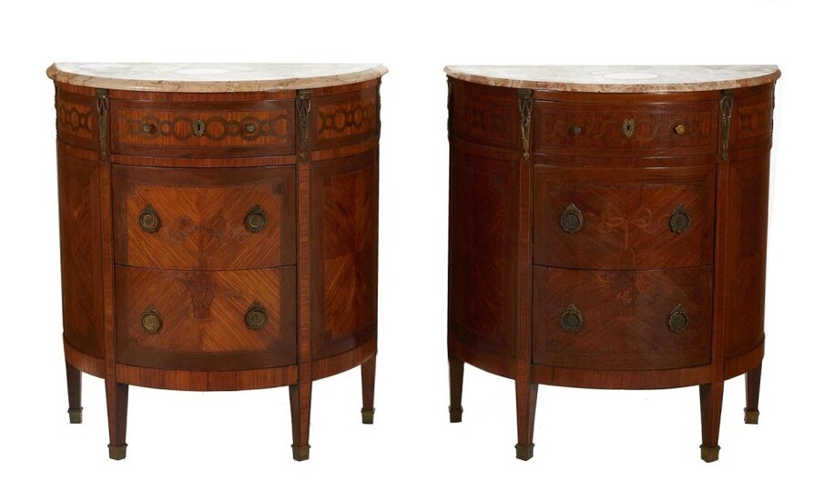 Pair Continental bronze-mounted marquetry-inlaid marbletop commodes (2pcs)